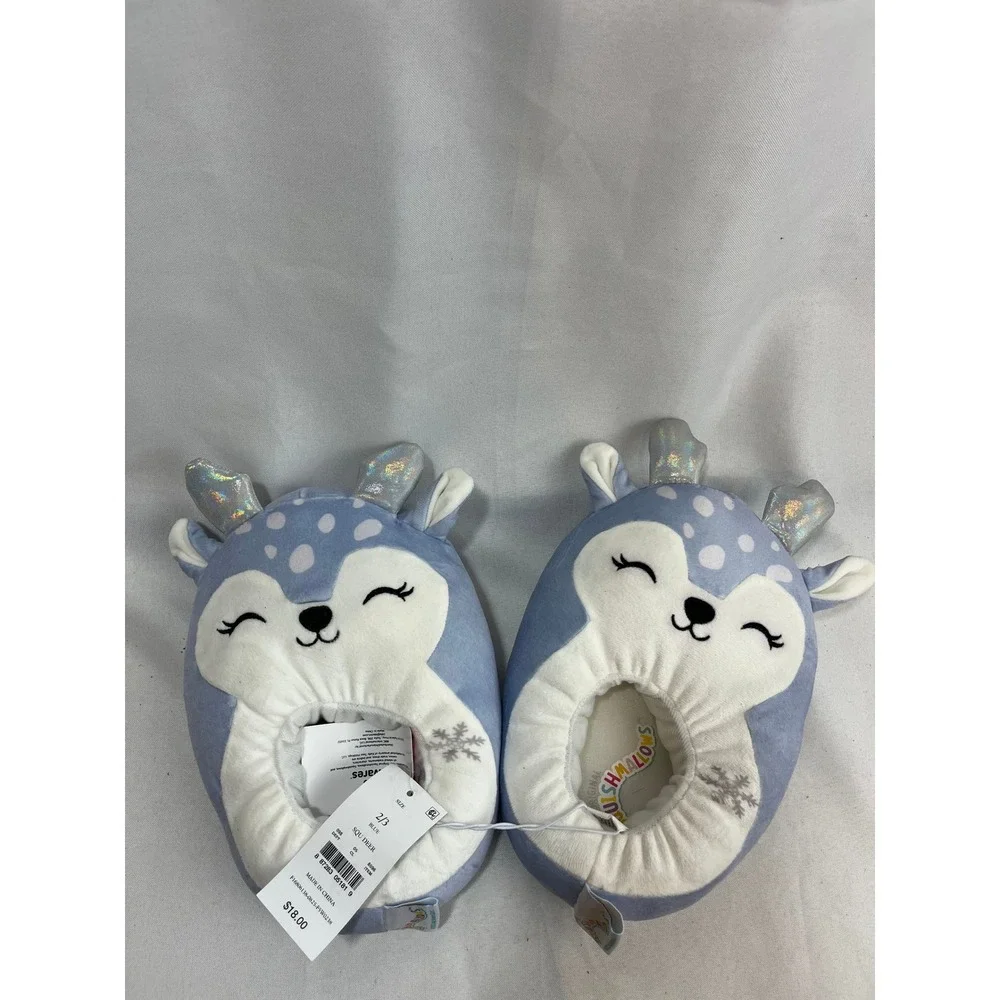 Squishmallows Squ Deer Blue Plush Slippers Kids Size 2/3 Iridescent Antlers NWT